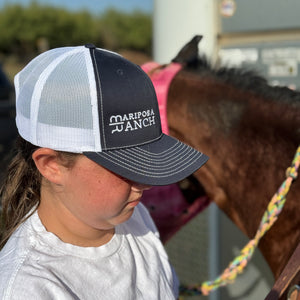 Mariposa Ranch logo snapback hat, navy and white
