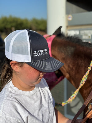 Mariposa Ranch logo snapback hat, navy and white