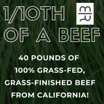 green grass in the background with the MR brand in black on a white background.  MR brand is at the top right corner.  The image states 1/10th of a beef.  Forty pounds of 100% grass-fed, grass-finished beef from California! 